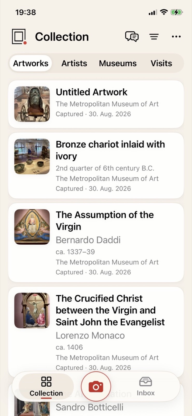 The Artworks tab selected in Artivo, showing individual works from across the collection.