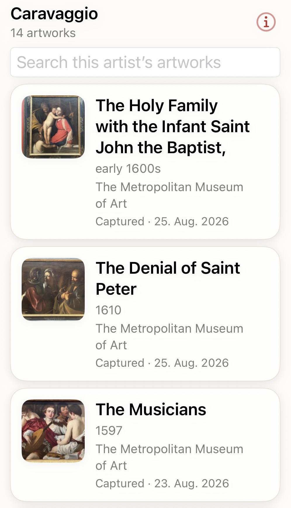 Actual Artivo Artists view: Caravaggio, 14 artworks, including The Holy Family with the Infant Saint John the Baptist, The Denial of Saint Peter and The Musicians.