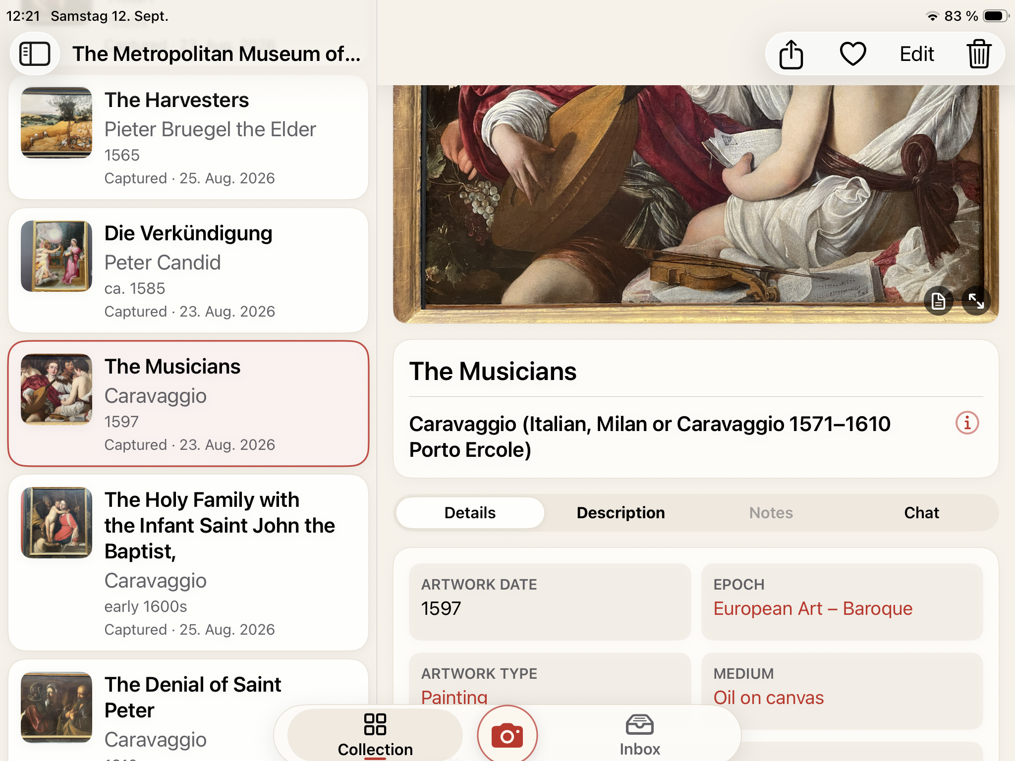 Artivo on iPad: a museum collection beside the details of The Musicians by Caravaggio.