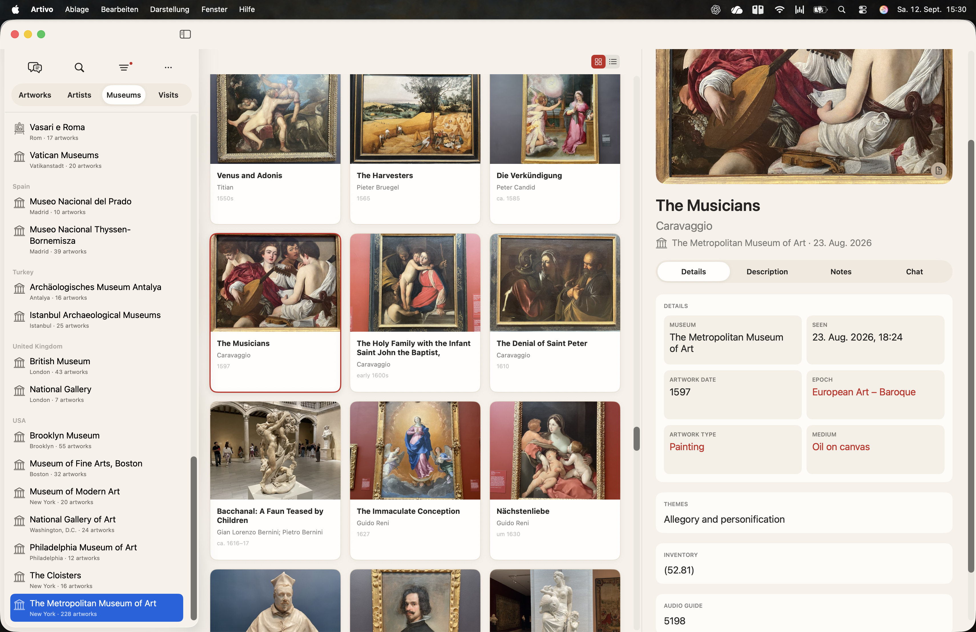 Artivo on Mac: museum collections, an artwork gallery and details of The Musicians by Caravaggio.