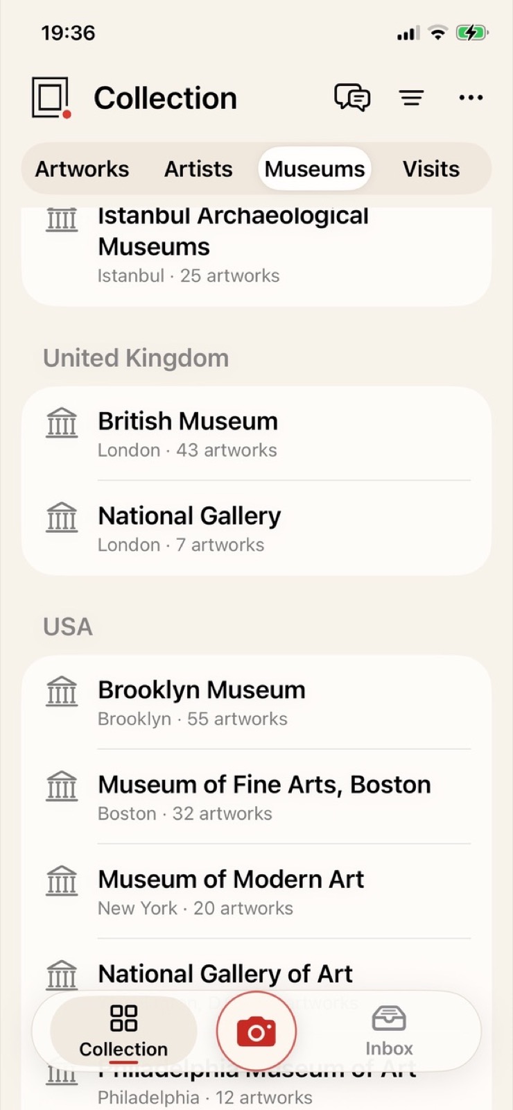 Museums in the Artivo collection organised by country, including the British Museum and museums in the USA.