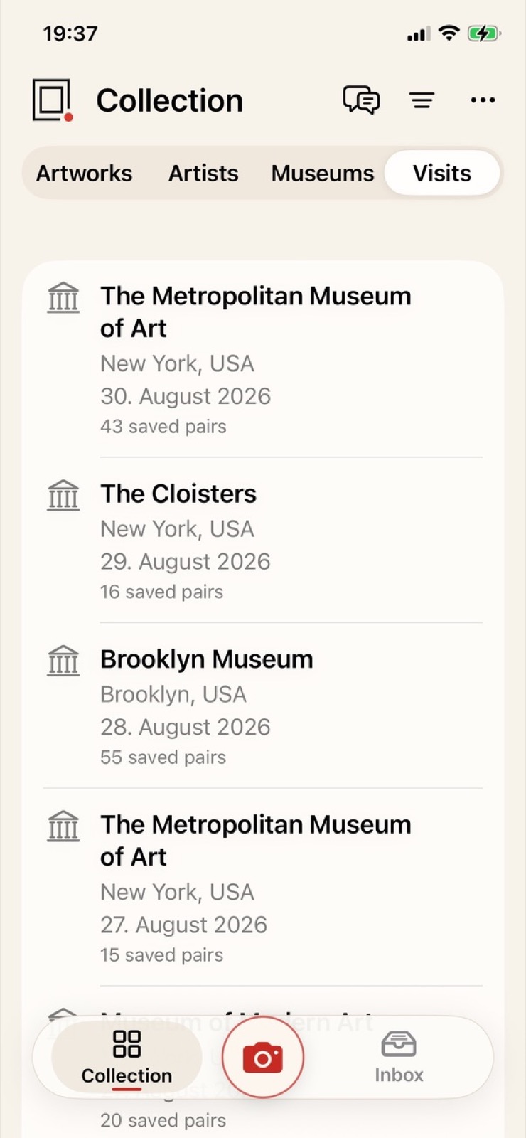 Artivo visit history, including the Metropolitan Museum of Art, the Cloisters and Brooklyn Museum.